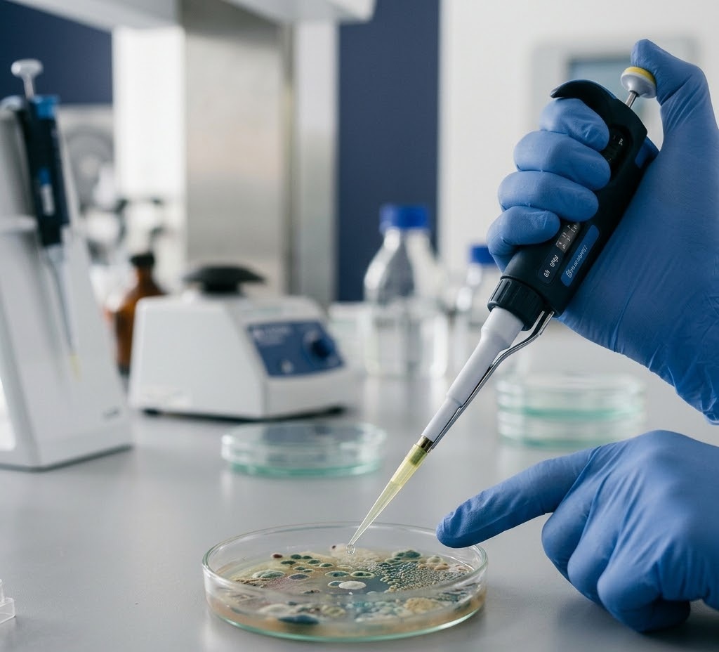 Trabajo de laboratorio con pipeta sobre una muestra microbiol&oacute;gica